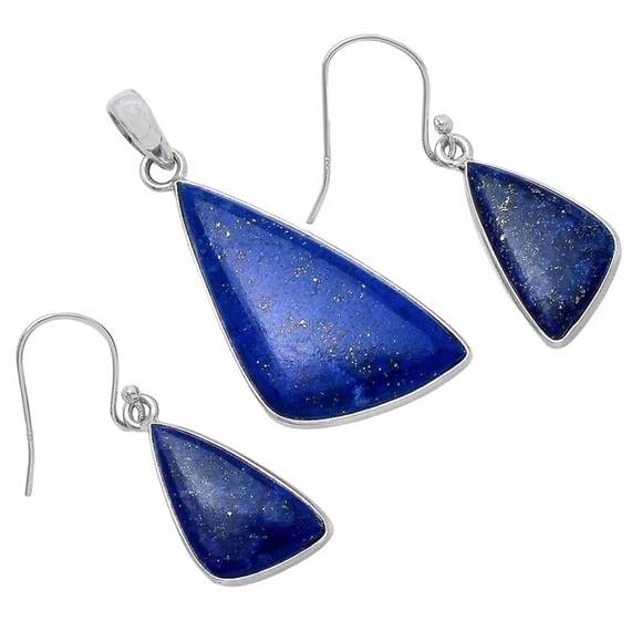 Natural Lapis Lazuli S925 Sterling Silver Earrings Pendant Set - Picture 4 of 4